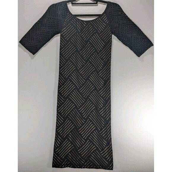 Bebe Louisa Open Stitch Stretch Bodycon Dress Black Tan Womens M/L Round Neck - Picture 2 of 6